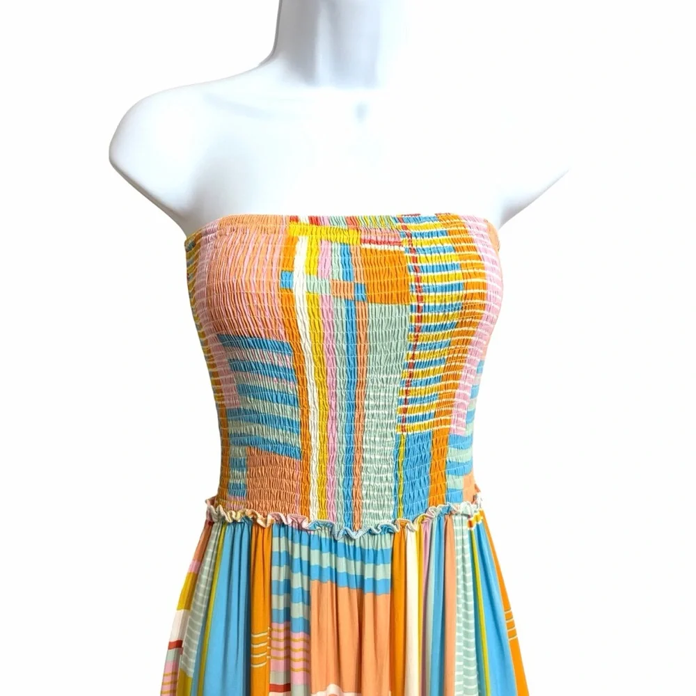 Abel the Label Boho Patchwork Tiered Maxi Dress XS Multicolor Smocked Strapless - Picture 2 of 7